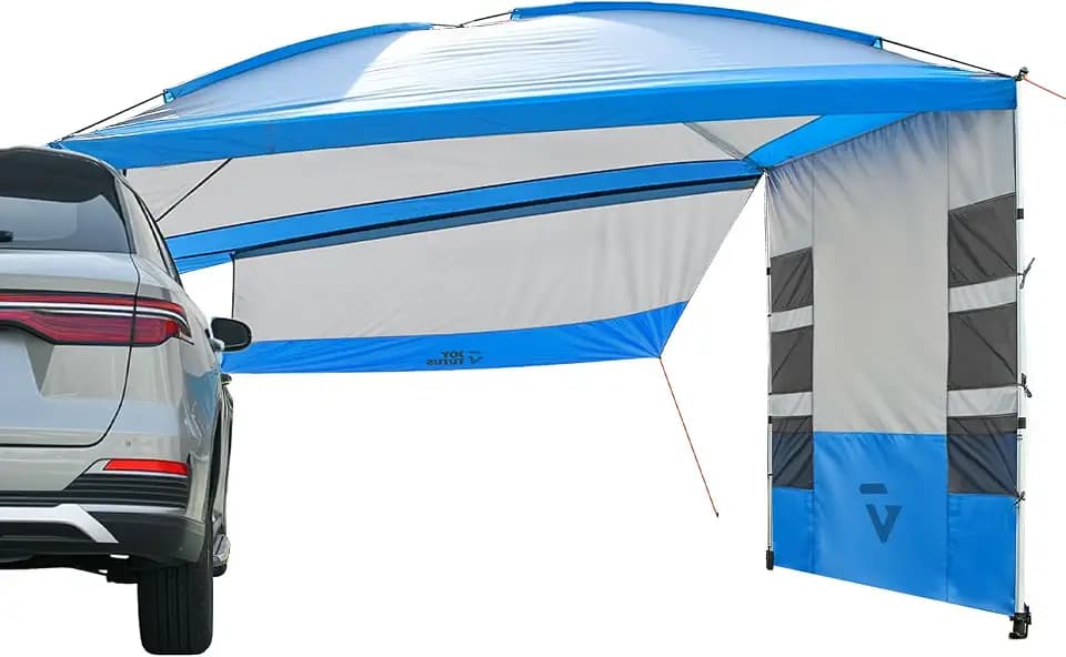 JOYTUTUS Versatile Vehicle Awning with 3 Removable Sides, Large Car Awning 11.5FT * 7.9FT, UV50+ and Waterproof PU2000mm Truck Canopy, SUV Camping Sunshade with 8 Storage Pockets, Gray Blue