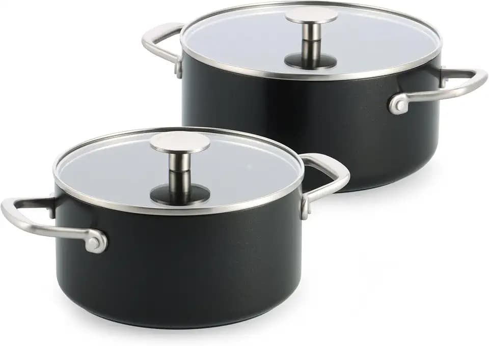 KitchenAid Advanced Forged Aluminium Topfset 4-teilig, Kochtöpfe 20 cm/3,11 L und 24 cm/4,91 L mit Glasdeckeln, Keramische Antihaftbeschichtung ohne PFAS, Induktion, Ofenfest bis 220°C, Schwarz