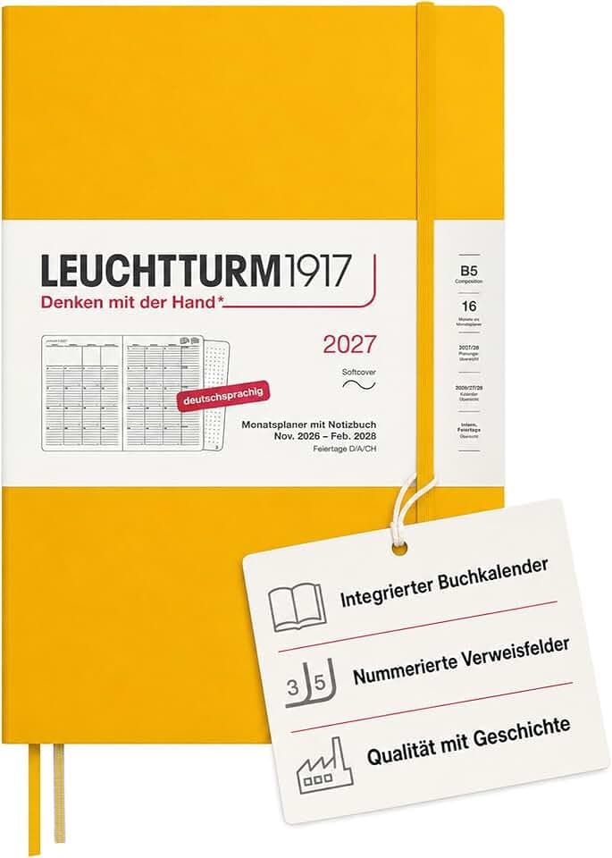 LEUCHTTURM1917 Monatsplaner mit Notizbuch 2027 Composition (B5) - Deutsch, Sunflower, Softcover, 178 x 254 mm, 16 Monate (01.11.2026-28.02.2028), 132 Notizseiten Dotted mit Inhaltsverzeichnis