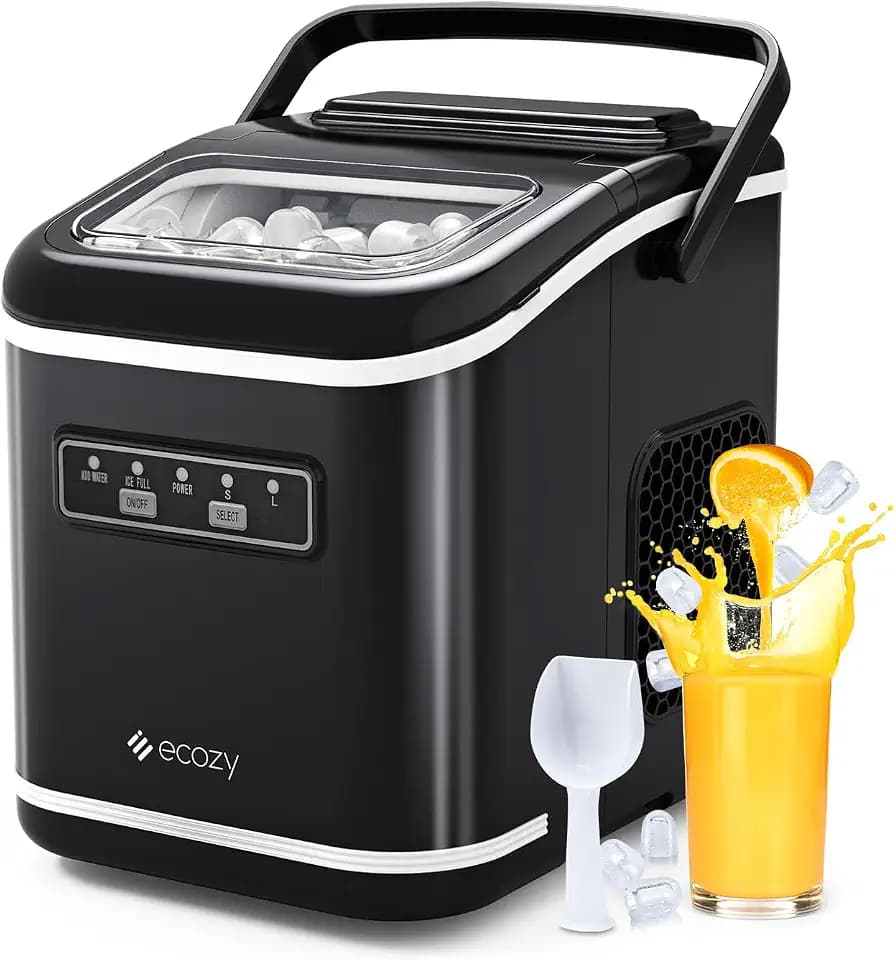 Ecozy Countertop Ice Maker, Portable, Self-Cleaning, 9 Bullet Ice Cubes in 6 Mins, 26lbs/24Hrs, Ice Maker Machine with Ice Bags, Handle, Standing Scoop and Basket, Black, IM-BS261C