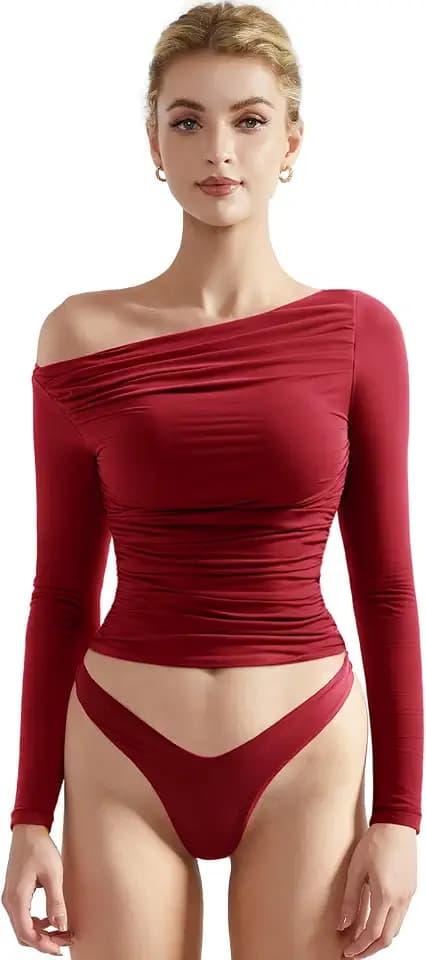 SUUKSESS Women Long Sleeve Shirts Double Lined Off Shoulder Fitted Crop Top