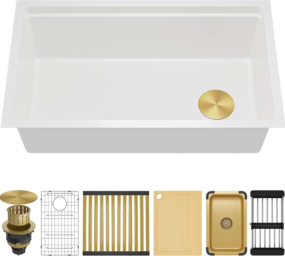 MILOSEN Offset Drain White Undermount Workstation Kitchen Sink 33"x18''