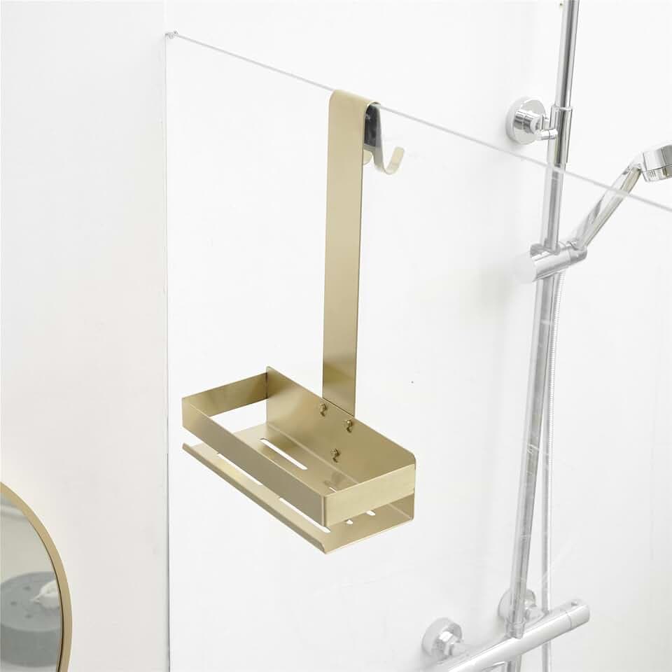 KelelifeDuschablage zum Hängen Gold ohne Bohren, Edelstahl-Haken für Rahmenlose Glastür, Shampoo Halterung