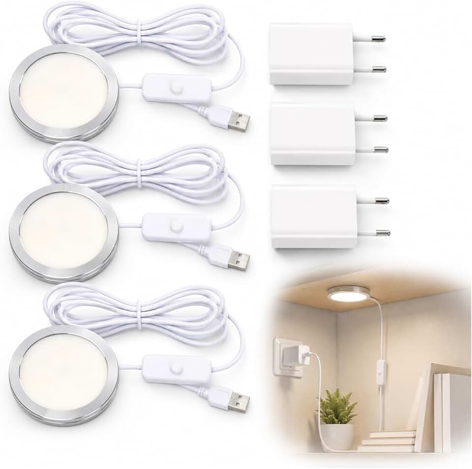 LED-Lampen-Set 001, für Bambu Lab Makerworld, 3D-Druck,-Drucker Ersatzteile, 5V USB Netzteil, Warmweißes Licht mit 3000K, Einfache Montage und Speicherung (3er Set + USB Ladegerät)