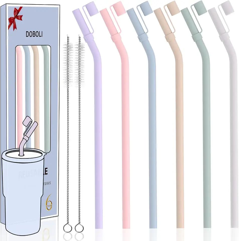 Doboli 10 inch Silicone Reusable Bendy Straw Flexible Straws With Straw Cover, Compatible with 20 oz 30 oz 32 oz Cup Tumbler Non Rubber, 6 Pack Smoothie Silicone Straws Straw with Cleaning Brush