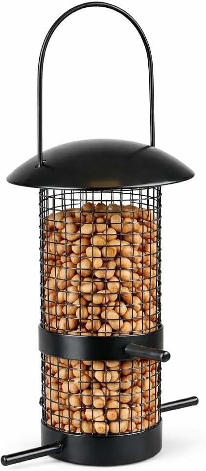 Vogelfutterspender – Tuwa Schwarz – 28 cm – Für Erdnüsse – Metall & Drahtgeflecht – Mehrere Sitzstangen – Flamingo