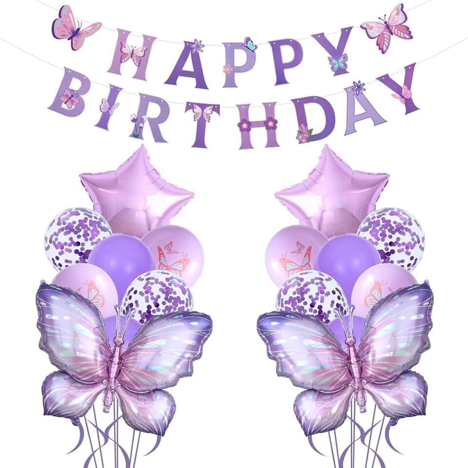 Purple Butterfly Balloons & Banners - 18pcs Happy Birthday Decorations