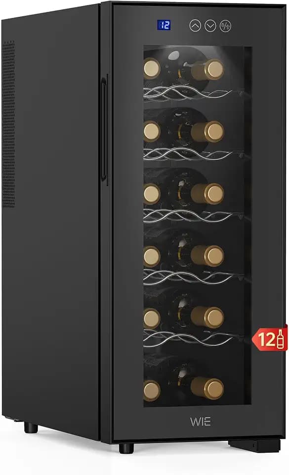 WIE Weinkühlschrank 1 Zonen 33 Liter 12 Flaschen Getränkekühlschrank Weinschrank Klein Wein-Kühlschrank Mini mit Glastür Vollglas-Designtür mit LED Touchpanel Anti-UV Wine Fridge