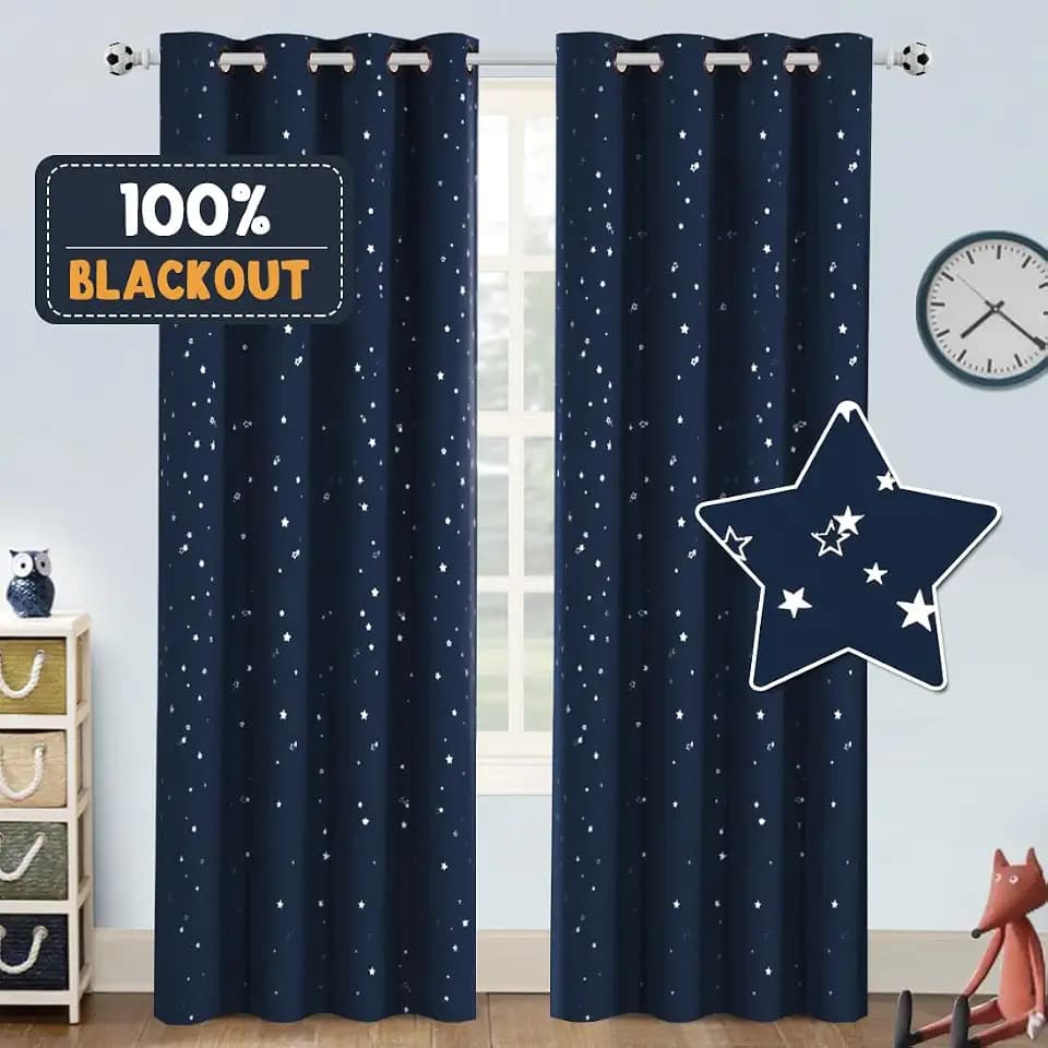 PrinceDeco Blackout Kids Curtains for Bedroom 84 Inch Long, Navy, 2 Panels
