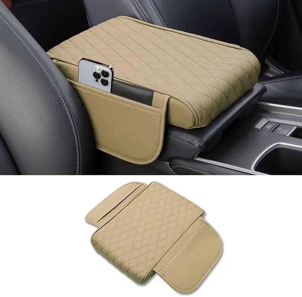 Car Center Console Armrest Cover, Leather Car Center Console Cover Cushion with 2 Storage Bags, Universal Center Console Pad Thickened Memory Foam Car Armrest Lids Storage Box (Beige)