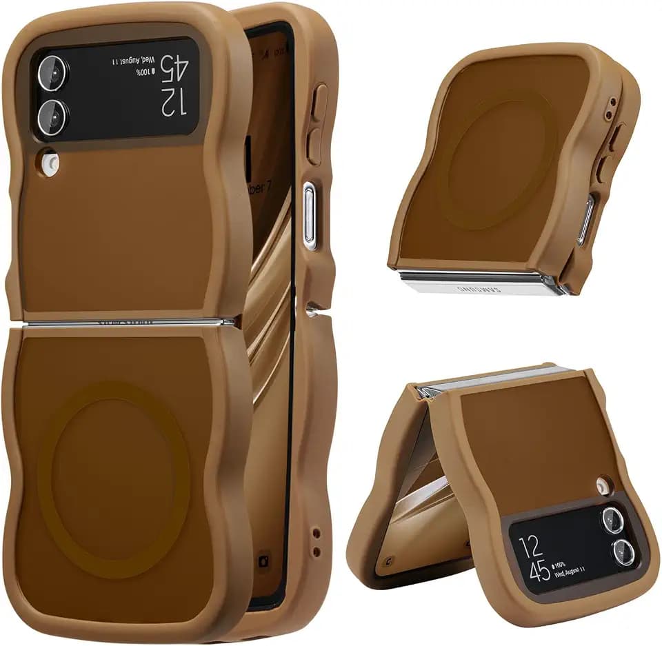 UEEBAI Magnetic for Samsung Galaxy Z Flip 3/Z Flip 4 Case, Compatible with MagSafe, Transparent Clear Wave Frame Design Soft Edge Cover Matte Shockproof Phone Case- Gold