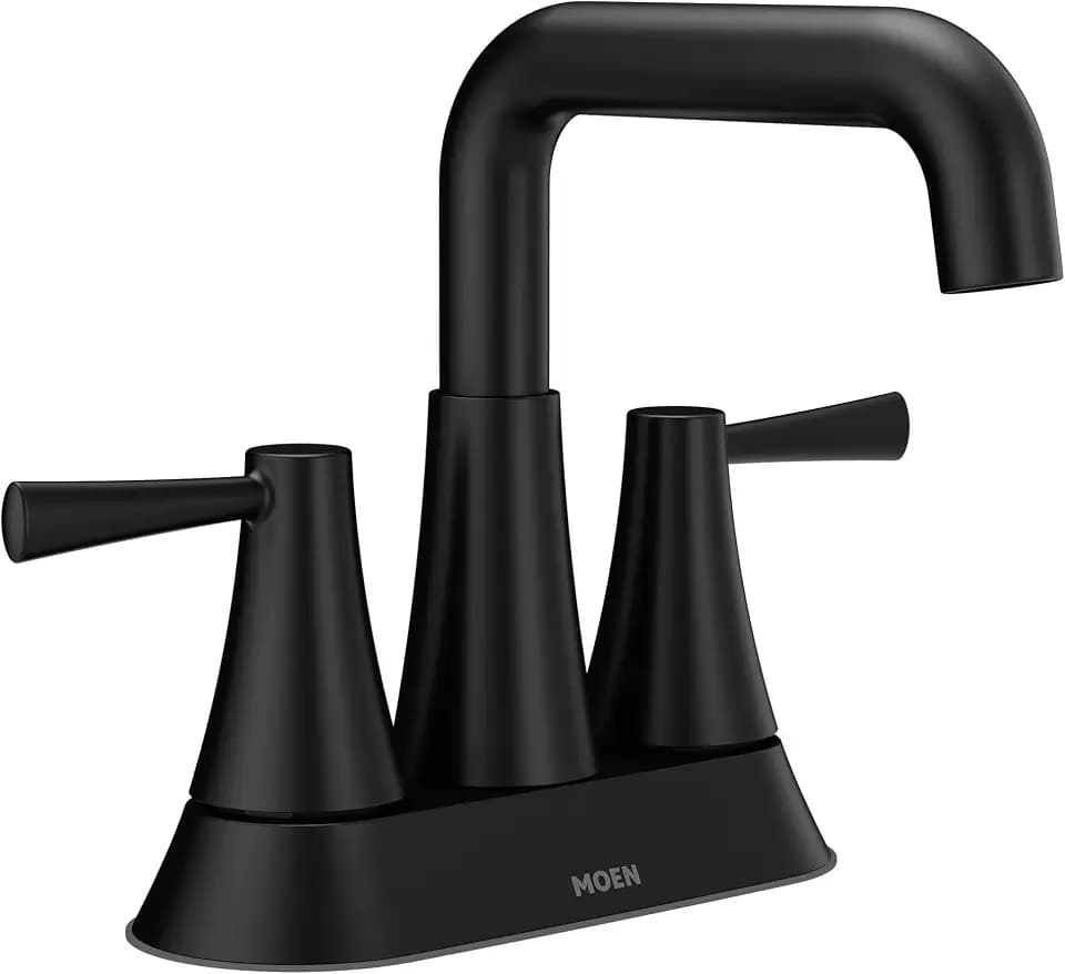 Moen Ronan Matte Black Two-Handle 4 in. Centerset Modern Double Bend Bathroom Faucet with Push-Down Drain, 84025BL