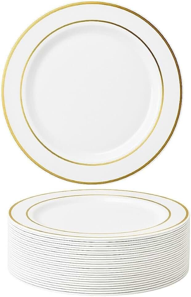 MATANA 25 Premium Weiße Plastikteller mit Goldrand, Mehrweg Kunststoffteller, 26cm - Partyteller Gold für Hochzeiten, Geburtstage, Partys - Elegantes & Stabiles Partygeschirr