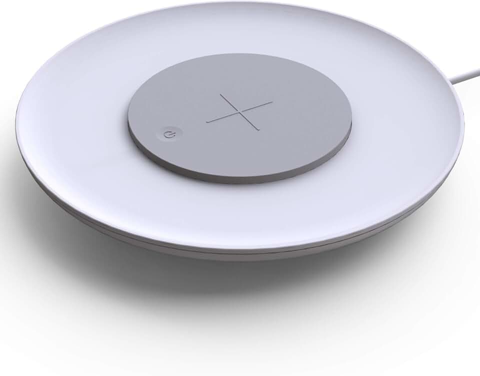 kalb | QI-Tischladegerät UFO, Drahtloses Laden, Dimmbare Ambientebeleuchtung, 183x183x23mm, Weiß - Qi-Zertifiziert