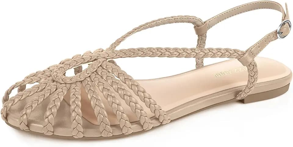 PIZZ ANNU Women's Sophia Braided Flat Sandals Comfortable Memory Foam Walking Shoes Summer Gladiator Slingback Ankle Strap Strappy Sandals