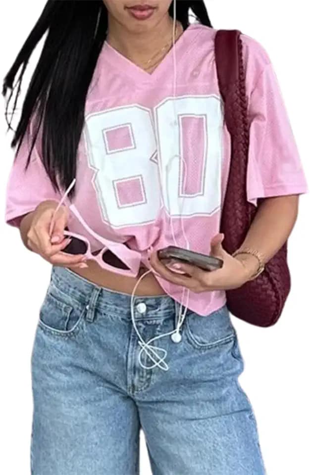 Jersey-Shirts für Damen, Y2K, übergroße Zahlen, Grafik-T-Shirt, V-Ausschnitt, kurzärmelig, Sport, lässig, Streetwear