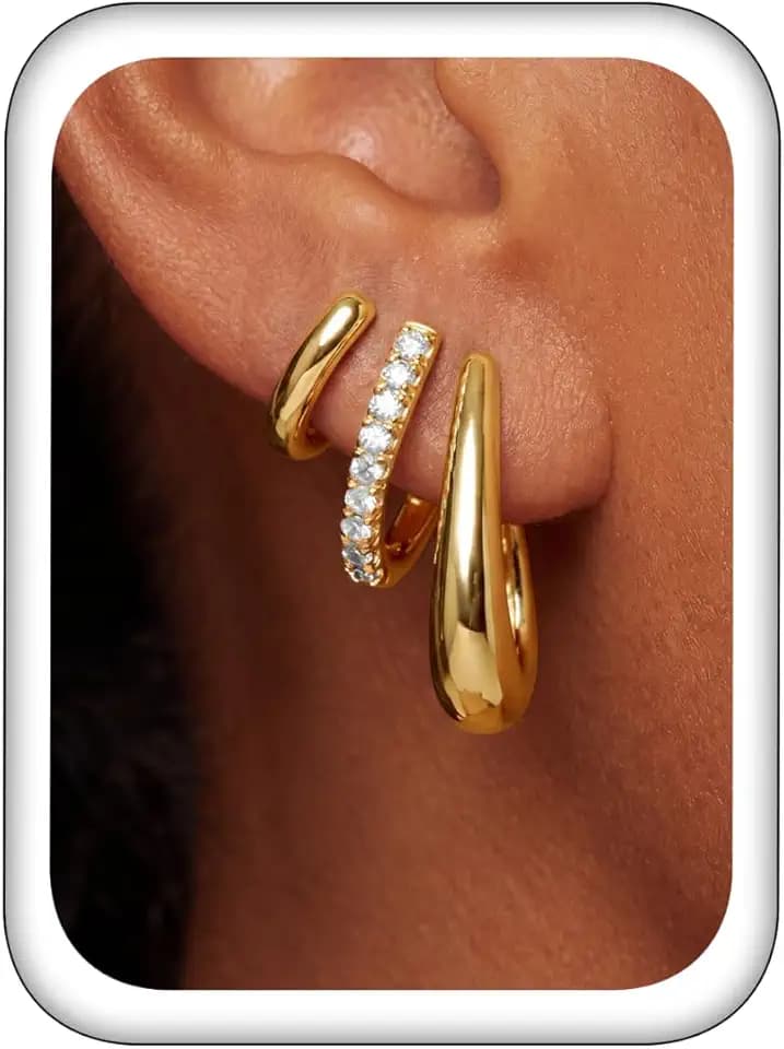 Layered C Hoop Stud Earrings for Women 14K Gold Silver Plated Hypoallergenic Cartilage Piercing Earrings with Cubic Zirconia Stackable Minimalist Dainty Ear Jewelry