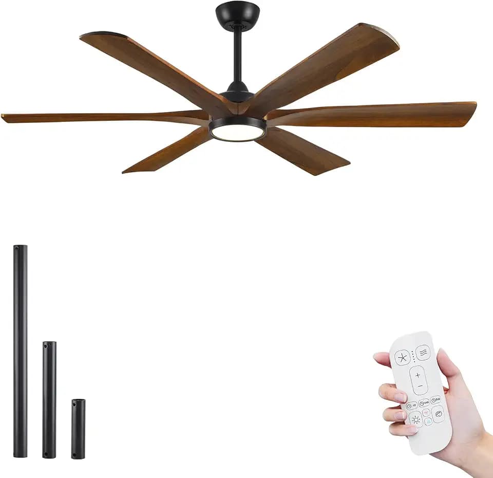 60 Inch Ceiling Fan with Light andRemote,6 Brown Solid Wood Blades,High CFM