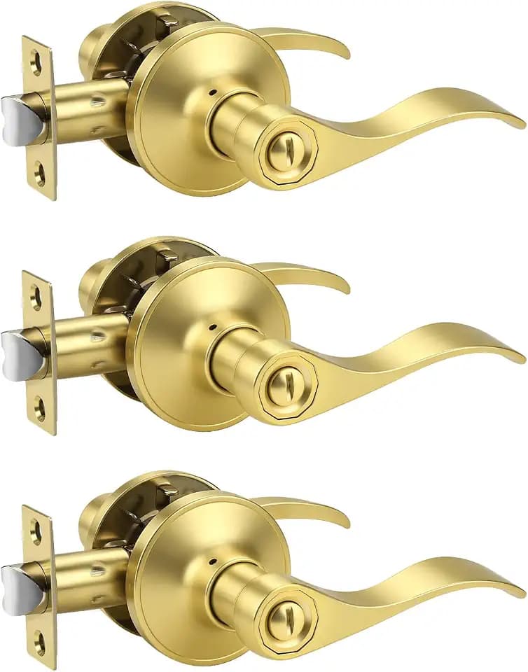 KNOBWELL 3 Pack Door Knob Interior Brushed Gold Door Handle Inside Lever for Bed and Bath, Wave Door Handle Privacy Use