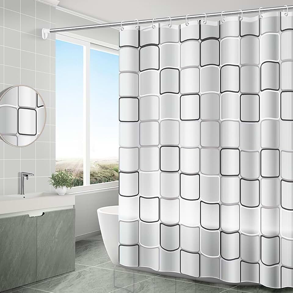 SUJAYU Shower Curtain Liner with 12 Plastic Hooks, 72x72 Inch Plastic Shower Curtain Liner for Shower Stall & Bathtubs, Bathroom Curtains Shower Curtain and Liner Set (Black Grid)