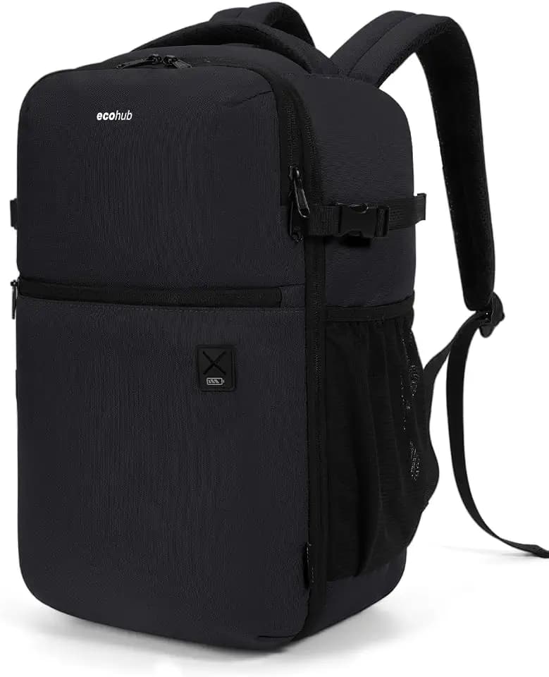 ECOHUB für Ryanair Handgepäck Rucksack 40x20x25, 20L Reiserucksack Handgepäck Flugzeug Unter Sitzplatz, Recycelten Travel Backpack mit 14 Zoll Computerfach, Rucksack für Herren Damen(Schwarz)