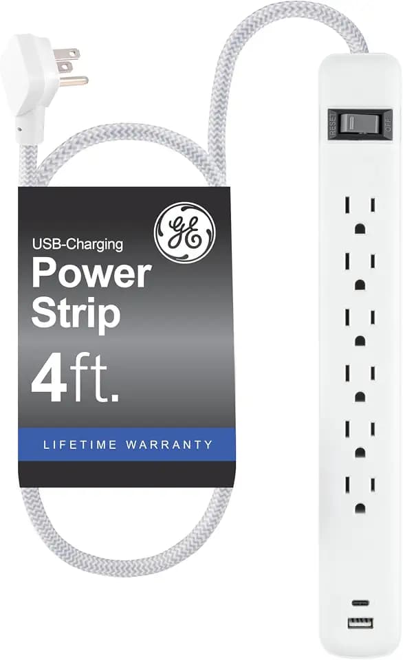 GE Power Strip with USB Ports, 4 Ft Extension Cord, 6 Outlet Extender