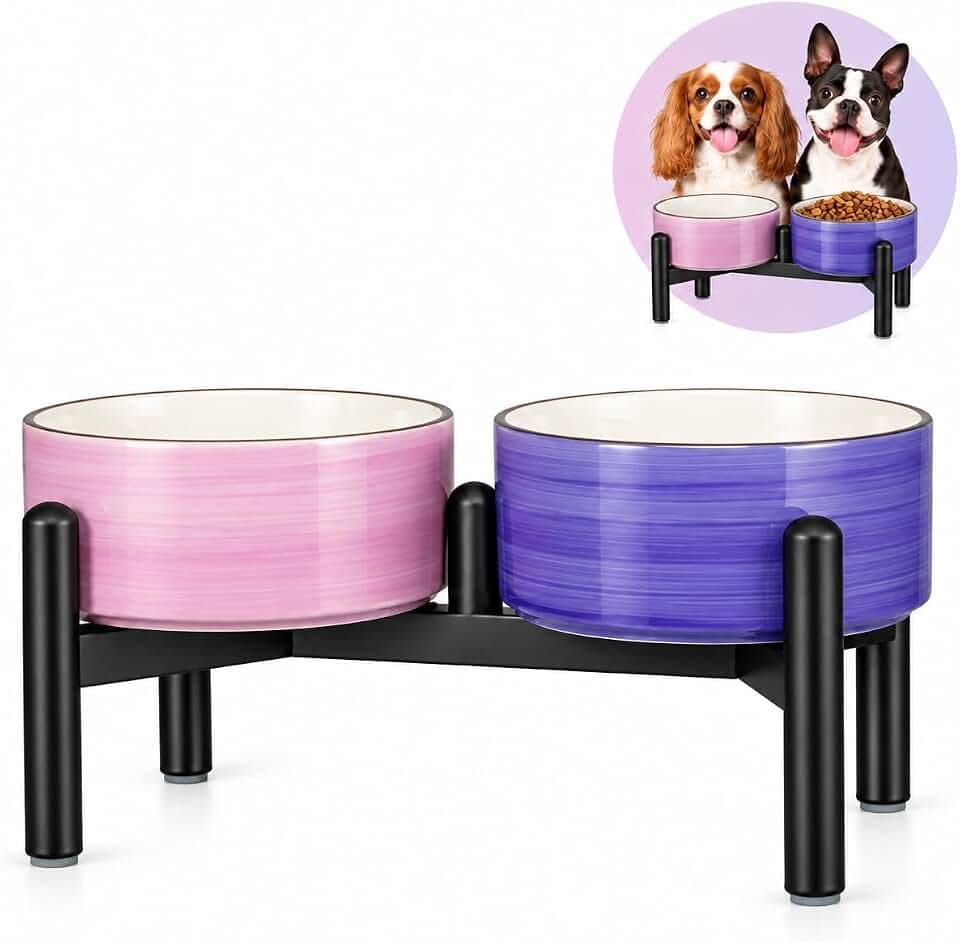 Keramik Hundenapf Erhöht mit Edelstahl-Ständer - Schoene Doppelnapf Futterstation für Kleine und Mittelgroße Hunde - rutschfest Hund Napf Set für Futter und Wasser - 350g / 660ml - Classic Pastels