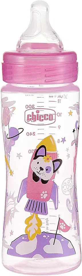 Chicco WELL-BEING Anti-Kolik Babyflasche mit Schnellem Fluss, Baby Flasche für Säuglinge 4+ Monate mit Physiologischem Sauger aus Weichem Silikon mit Soft Sense-Finish, 330 ml Kunststoffflasche, Pink
