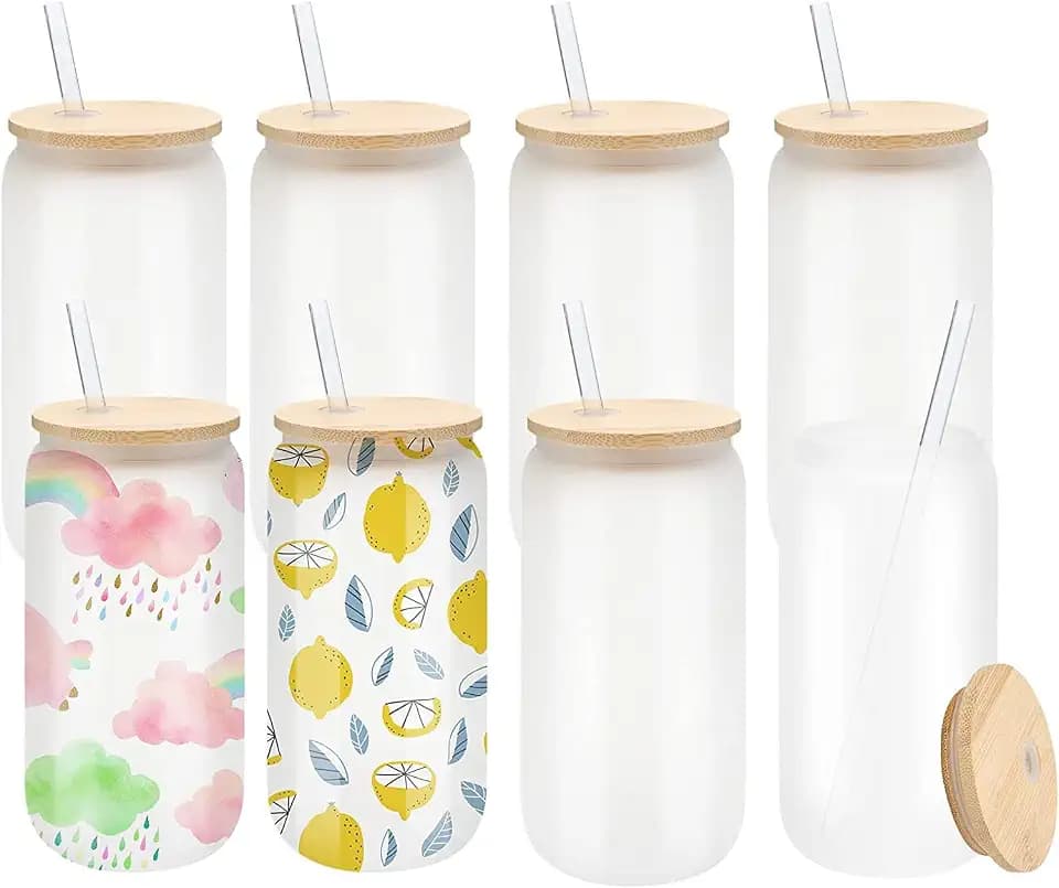 LATERN 8 Stück Sublimations Glasdosen, 520ml Gefrostete Sublimations Bierdose Borosilikatglas Becher Einmachglas Becher mit Bambusdeckeln und Wiederverwendbarem Strohhalm - für Saft Soda Kaffee