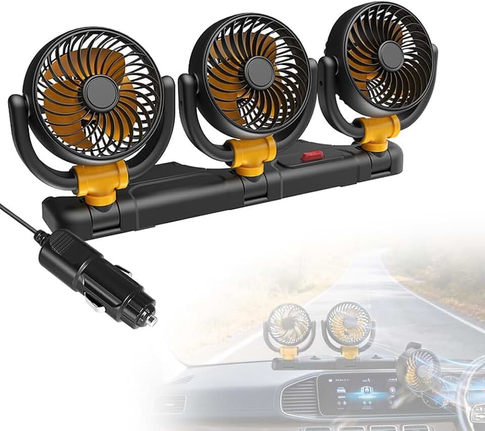 Auto Ventilator, 12V Dreifach Lüfter Ventilator Auto, mit 270° Oszillation & 360° Drehbar, KFZ Ven-tilator für Au-to LKW SUV Wohnmobil Fan