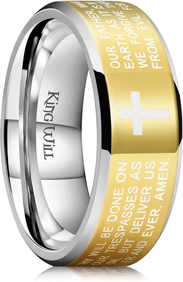 King Will Stainless Steel Men Ring Lord's Prayer Cross Ring Stainless Steel Men Wedding Ring, Wedding Band Bible Engraved Rings High Polished, Comfort Fit