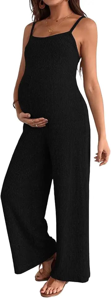 BLENCOT Maternity Ribbed Jumpsuit Stretchy One Piece Wide Leg Romper
