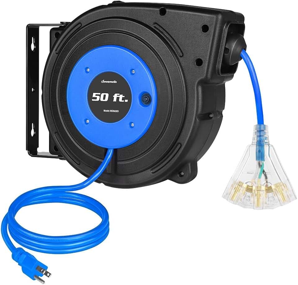 DEWENWILS 50FT Retractable Electric Cord Reel, 13A Circuit Breaker, Blue