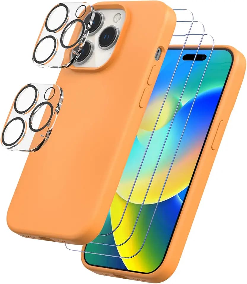 Trianium [6 in 1 Designed for iPhone 14 Pro Max Case Silicone (Peach), with 3 Pack Screen Protector + 2 Pack Camera Lens Protector, Bundle Protection Kit HD Tempered Glass Cover 6.7 Inch 2022