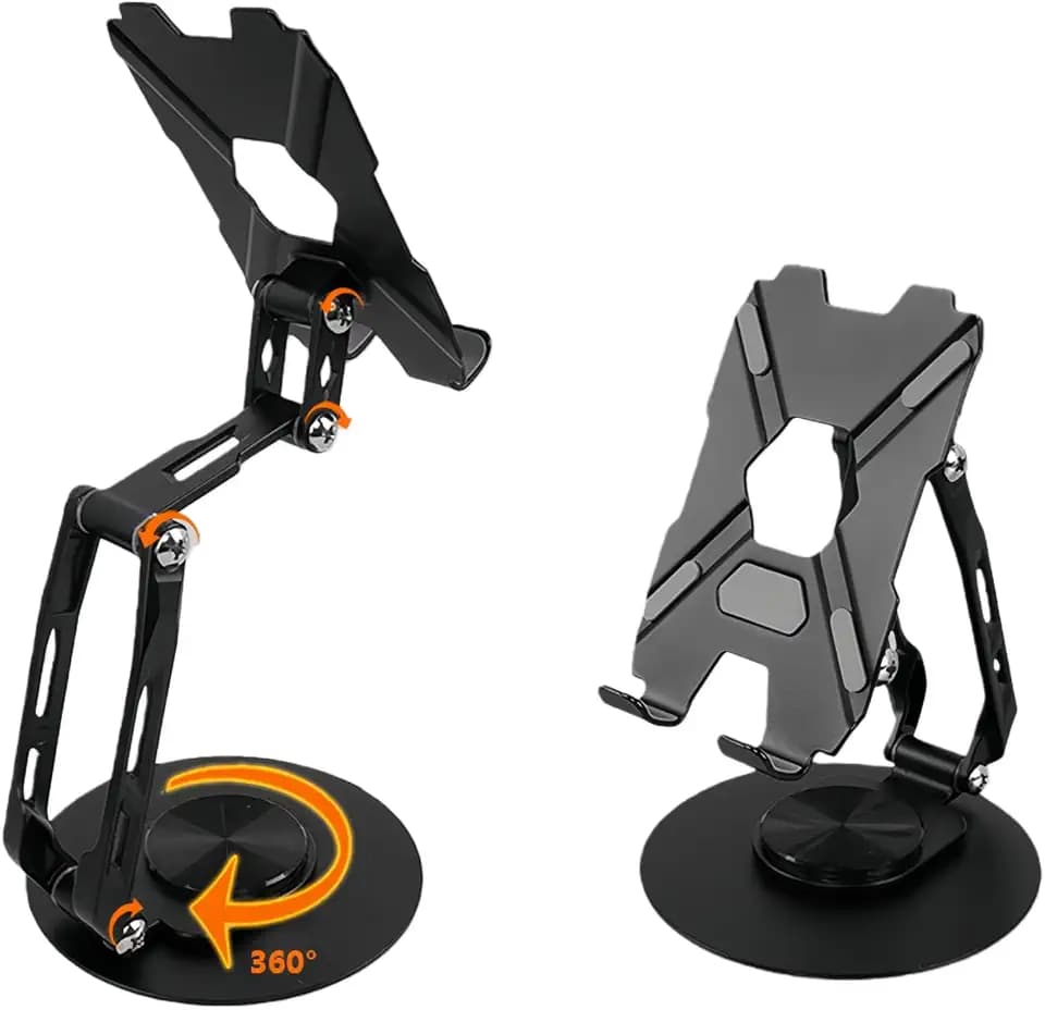 All-Metal Cell Phone Stand 360° Rotatable & Height Adjustable - 25KG Super Load-Bearing, Foldable Desk Stand for Phone, Compatible with iPhone 17/16/15/14, Nintendo Switch, Black