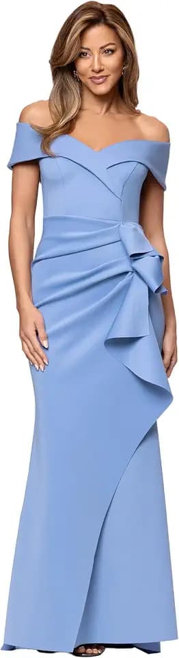 Xscape Women's Long Off-the-Shoulder Sweetheart Neckline Formal Evening Gown with Ruching and Draped Ruffle Detail