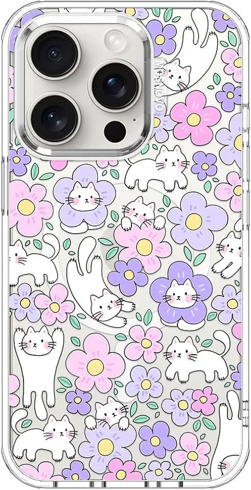 MOSNOVO for iPhone 15 Pro Case, Compatible with Magsafe, Shockproof Military-Grade Protection 6.6ft Drop Tested, Magnetic Clear Phone Case for iPhone 15 Pro, Cat in Bloom Design