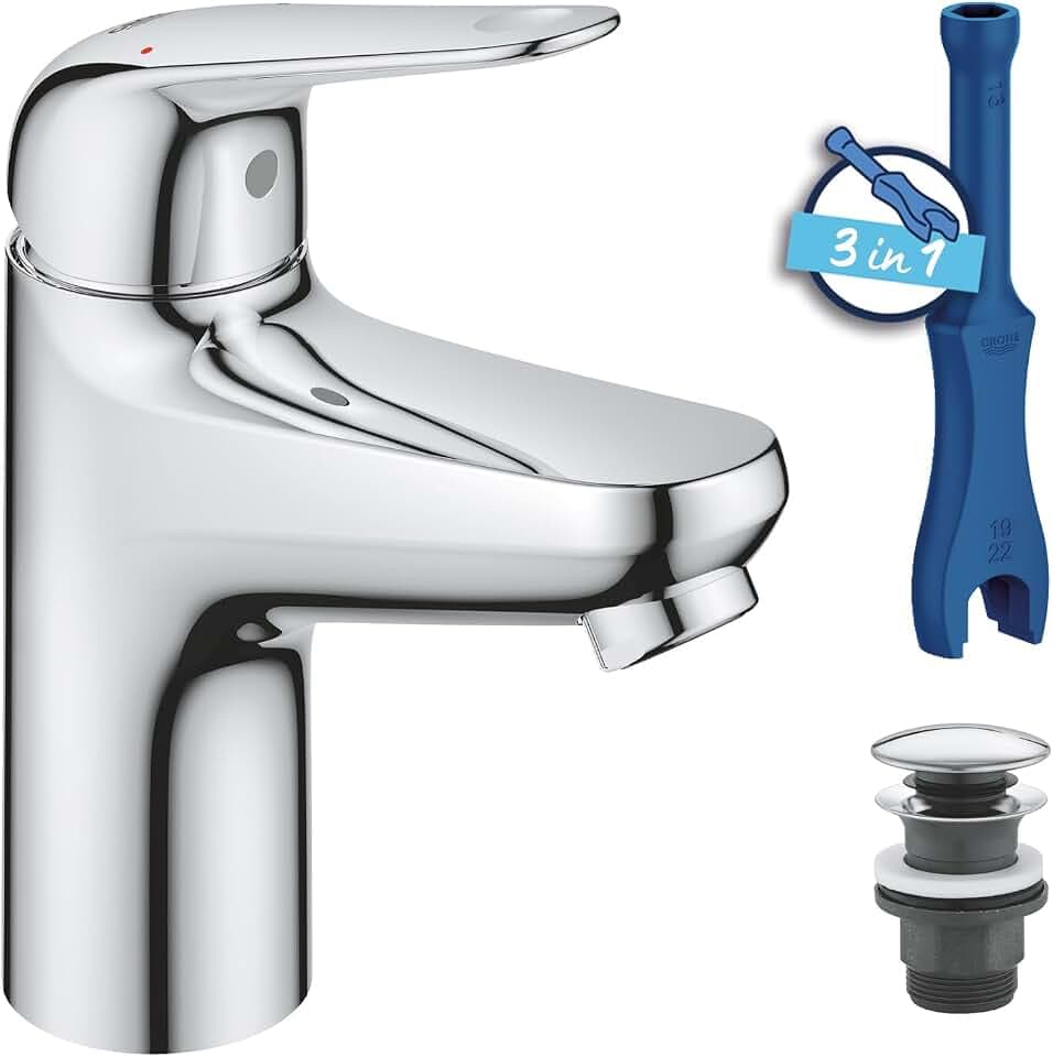 GROHE Swift, Waschtischarmatur, wassersparend (Wasserhahn für das Bad, Badarmatur mit Pop-Up Ablauf, 16cm hoch, mit 3in1 Werkzeug, einfache Installation am Waschbecken), chrom, 24318001