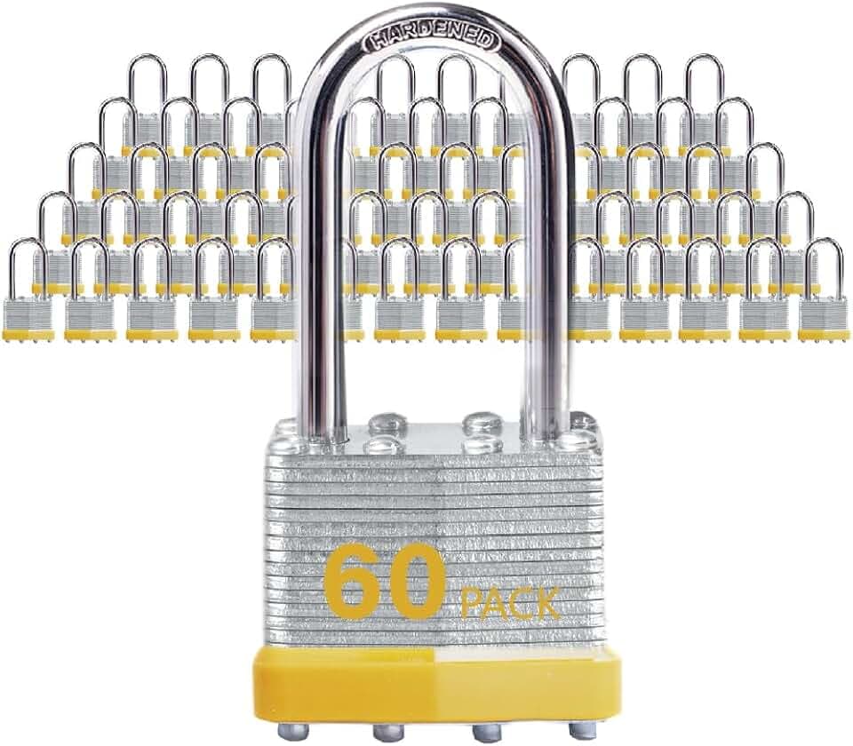 Laminated Steel Padlocks, Long Hardened Shackle, Keyed Alike,60 Pack