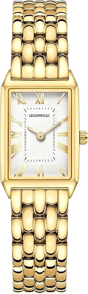 Small Gold Watches for Women with Vintage Rectangular Case, Classic Roman Dial,Stainless Steel Band Water Resistant Adjustment Tool Included