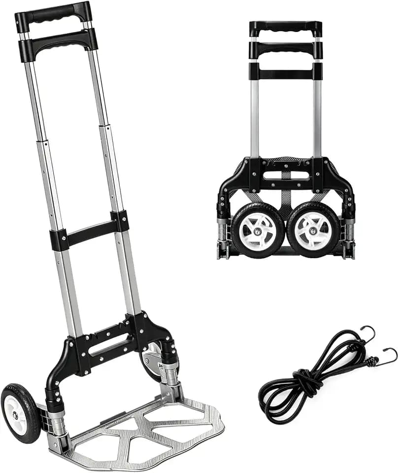 Folding Hand Truck Portable Foldable Hand Trolley Dolly Cart Aluminum Luggage Cart Black MAX Load 180 lbs, with Black Bungee Cord, Telescoping Handle,Solid Aluminium Wheel suspensions, Double Bearings
