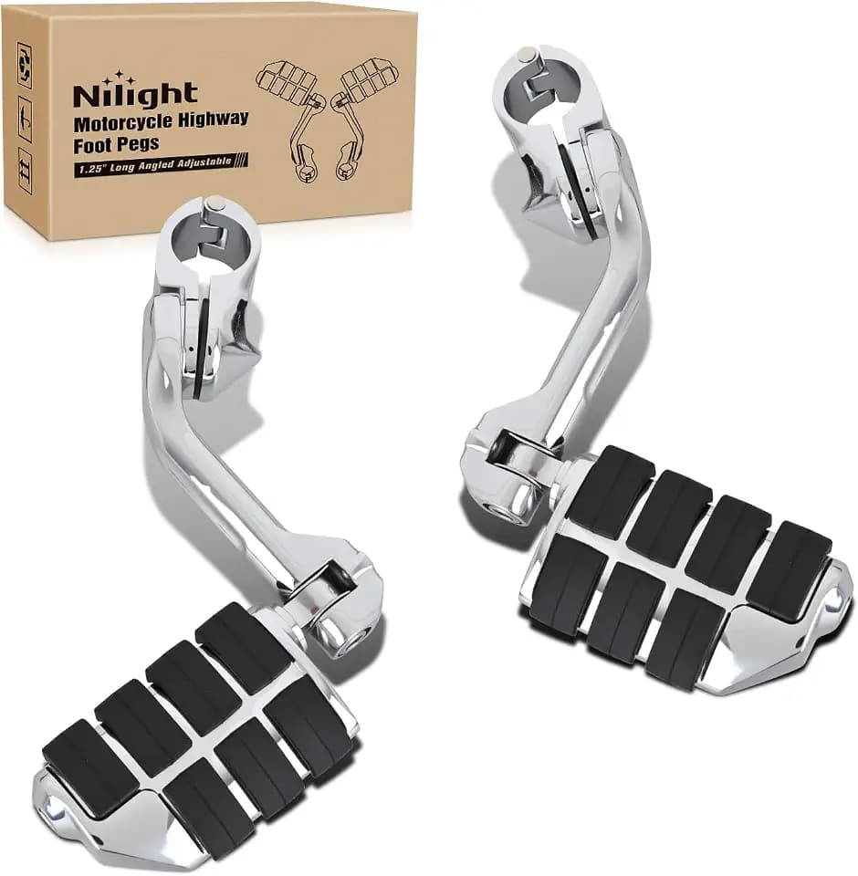Nilight 1.25" Motorcycle Highway Pegs For Harley Davidson Touring Road King Street Glide Sportster Adjustable Long Angled Foot Pegs Universal For 1-1/4" Engine Guard Crash Bars Highway Footpegs Chrome