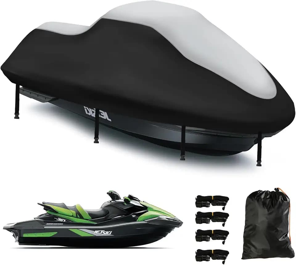 Jet Ski Waverunner Cover,Upgraded 420D Heavy Duty,2 Air Vent Marine Grade UV Resistant,Jet Ski Waverunner Cover for Seadoo Waverunner Polaris from 136" to 145"(Silver Black)
