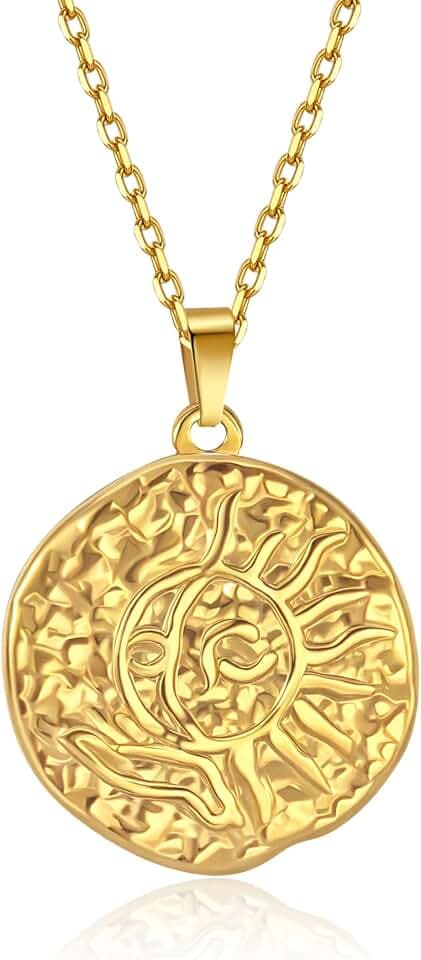 18K Gold Plated Hammered Sun/Lion/Tree of Life/Moon Phase/Evil Eye Relief Coin Pendant Necklace for Women,Byzantine/Bohemian Style,18" Chain