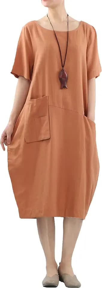 Minibee Women's Linen Tunic Dress Summer Short Sleeve Casual Kaftan Flowy Midi Dresses with Pockets