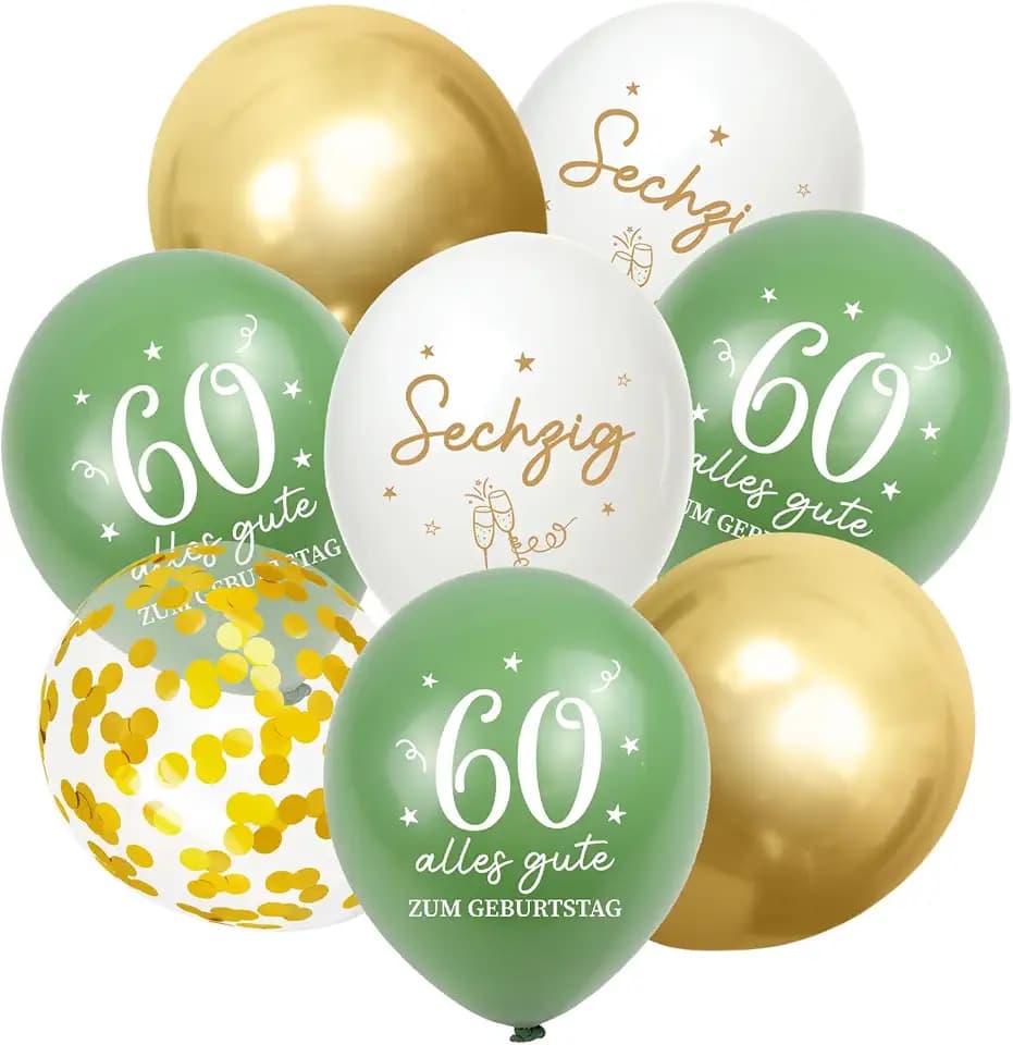 Luftballons 60 Jahre Geburtstag, 30 Stück Deko 60. Geburtstags Mann Frauen, 60. Alles Gute zum Geburtstag Ballons, 60. Salbeigrüne Gold Geburtstagsdeko, 60th Birthday Konfetti Ballon Party Deko