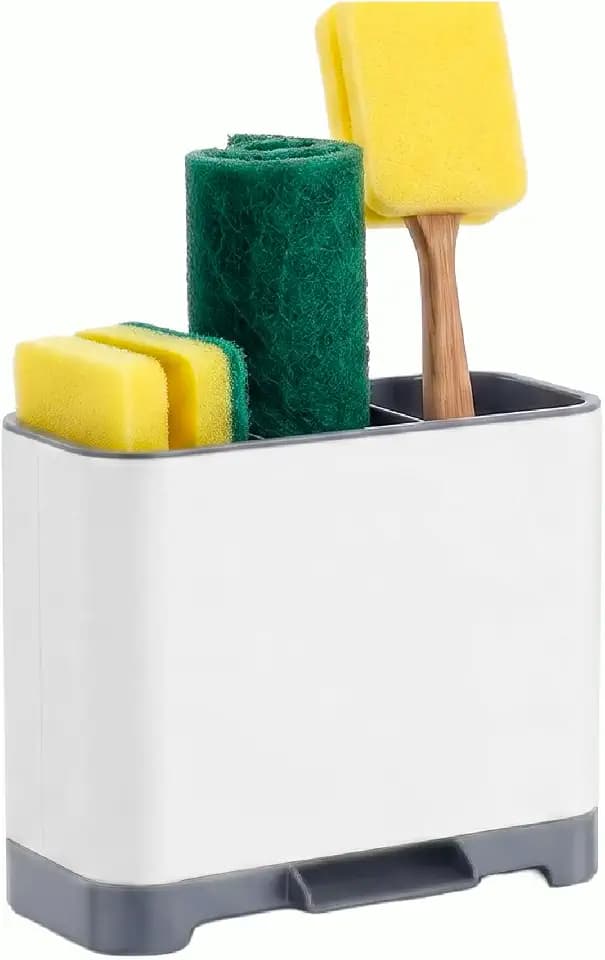 Amig - Spülbecken-Organizer Noxi Soft - 13,5 x 9,5 x 18 cm - Robustes Stahl und Kunststoff - Farbe Weiß - Halter für Schwämme, Bürsten und Reinigungsmittel mit Abnehmbarer Schale