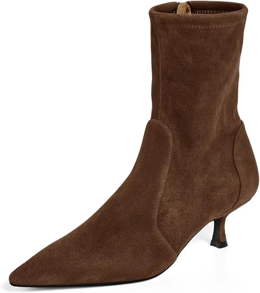 Coutgo Womens Low Kitten Heel Ankle Boots Pointed Toe Booties Side Zipper Fall Shoes