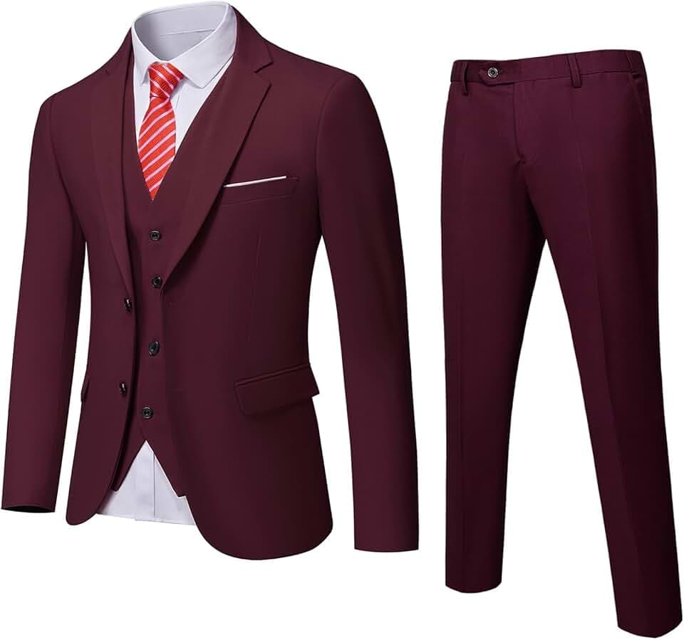 YND Men's Slim Fit 3 Piece Suit Set with Tie, Solid Blazer Jacket Vest Pants, Beige, UK Size