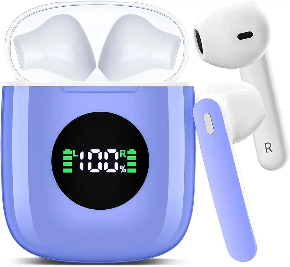 Wireless Earbuds, Bluetooth Headphones with HiFi Stereo Noise Cancelling Mic, USB-C Charging Case, 50H Playtime with LED Display, IPX7 Water Resistant in Earphones for Sports, Travel, Blue